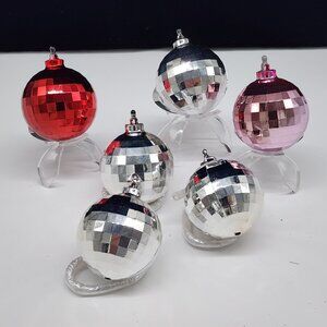 Shatterproof Disco Ball Christmas Ornaments Lot of 6 Red Silver & Pink